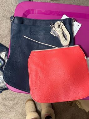 thirty-one Navy Crossbody with Coral or Navy Pouch and Striped Strap